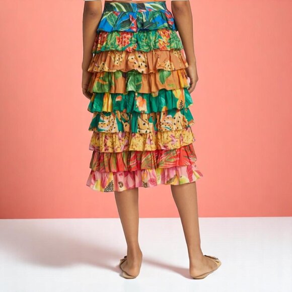 Farm Rio Mixed Prints Multi Layered Midi Skirt Size Medium - Picture 3 of 16